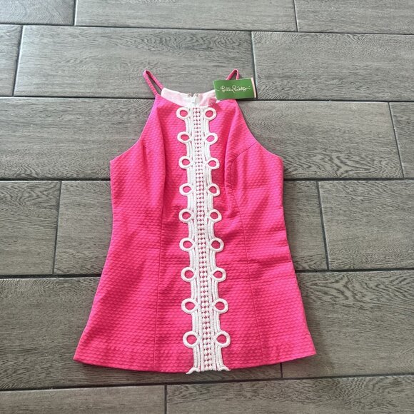 Lilly Pulitzer Annabelle Halter Top Sleeveless Pink White Lace Trim SZ 00 (203) - Picture 1 of 6